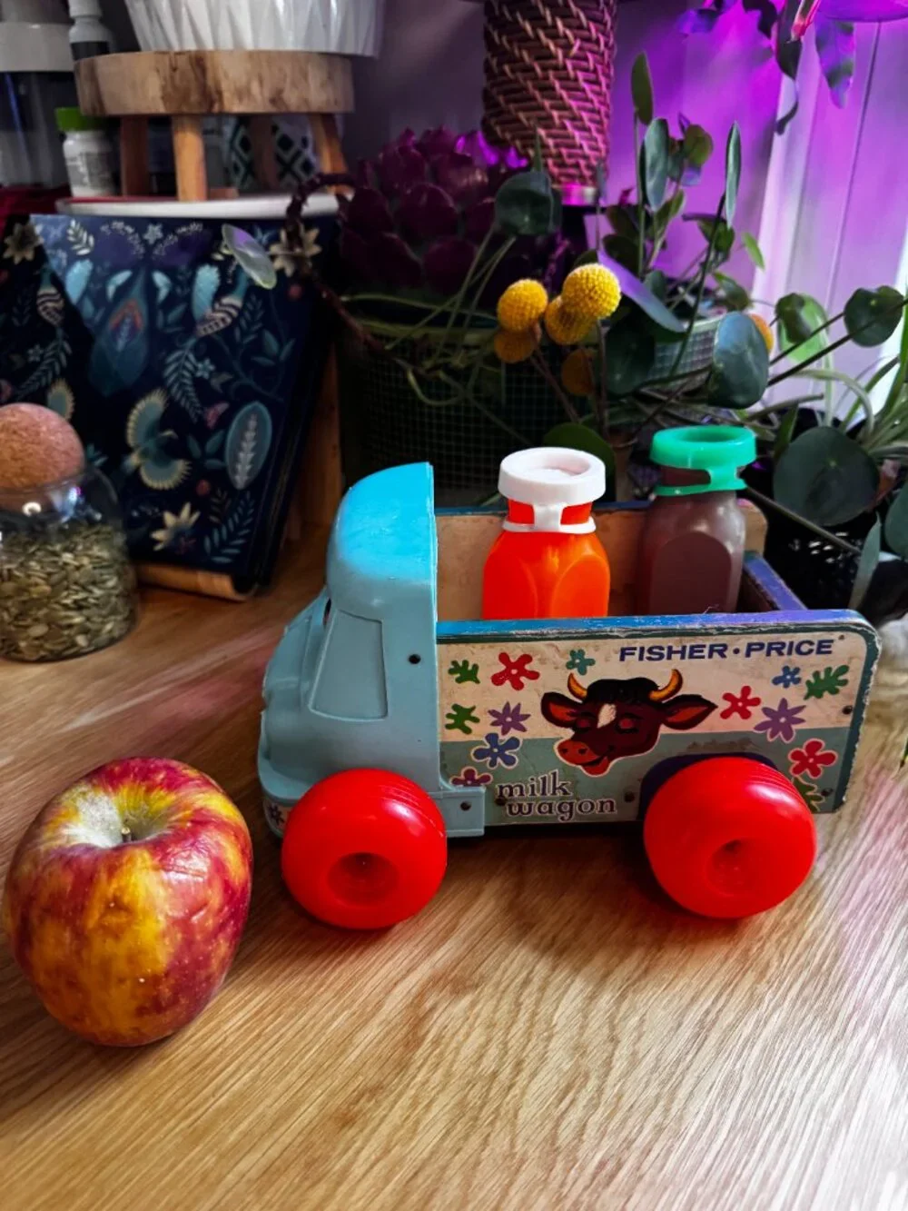 Fisher Price Pull Toy Milk Wagon 131 with Two Bottles, Vintage Circa 1965-1972